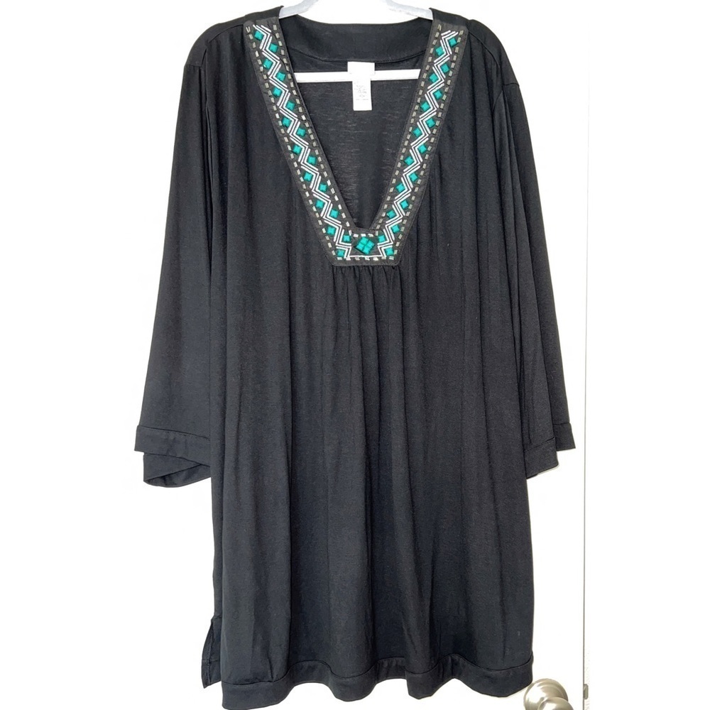 Dotti WOMAN BLACK OVERSIZED TUNIC EMBELLISHED NECK TOP - SIZE 3X